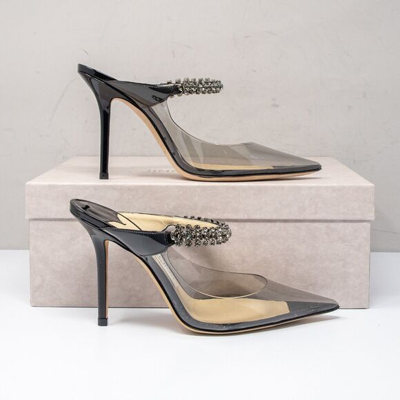 Jimmy Choo Bing 100, Size 36 (6 US) Black Patent Leather Crystal Strap Heels - Picture 2 of 8